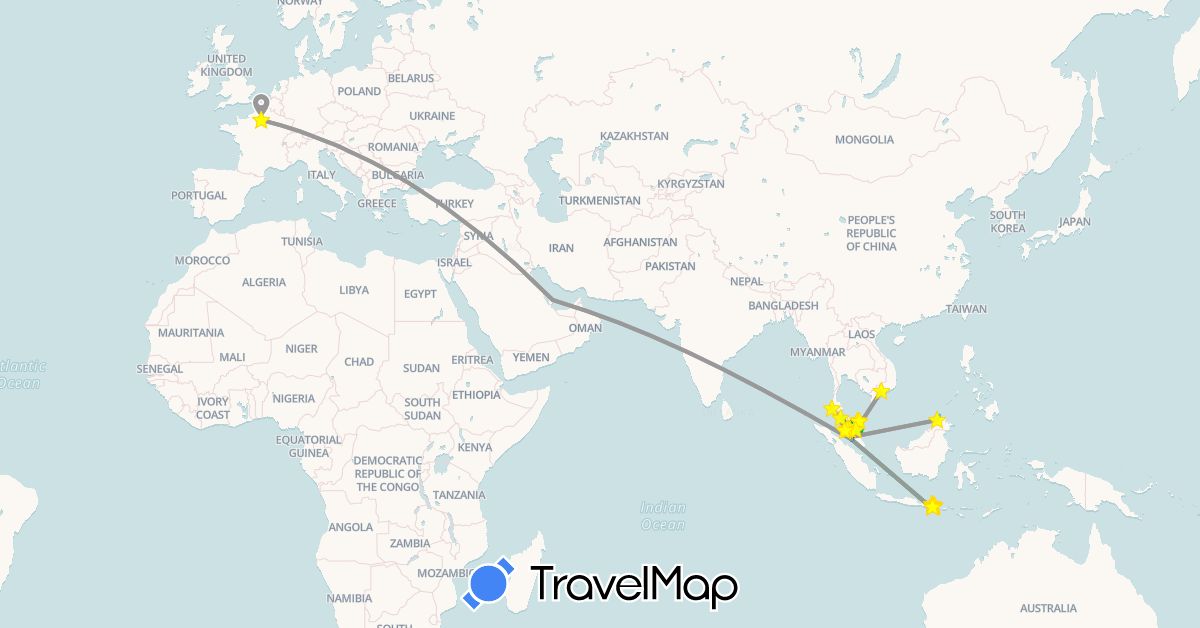 TravelMap itinerary: driving, bus, plane, boat, scooter du seigneur in France, Indonesia, Malaysia, Qatar, Thailand, Vietnam (Asia, Europe)